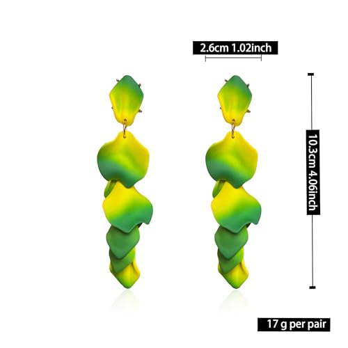 Long Acrylic Rose Petal Earrings Dangle Exaggerated Flower Earrings Drop Statement Floral Tassel Earrings for Women - color: Neon Green + Yellow