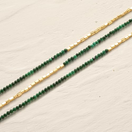 MYEARS Women Beaded Bracelet Gold Gemstone 14K Simple Dainty Handmade Chain Everyday Boho Beach Jewelry - style: Malachite