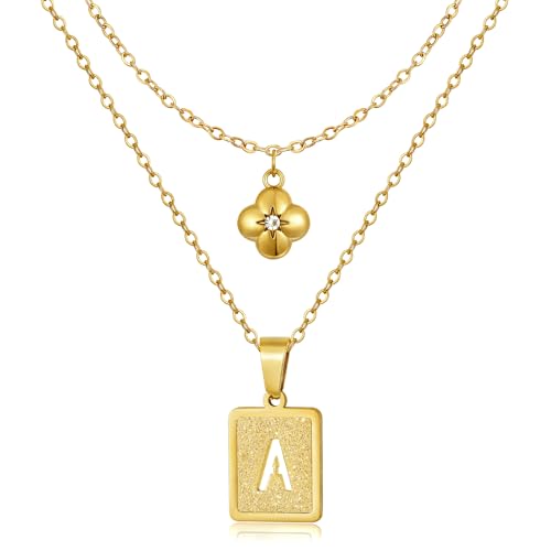 KELORIS PATH Layered Initial Necklaces for Women, 18K Gold Plated Stainless Steel Necklaces Set with Dainty Four Leaf Clover Square Cutout Letter Pendant, Fashion Jewelry for Gifts - style: A Letter