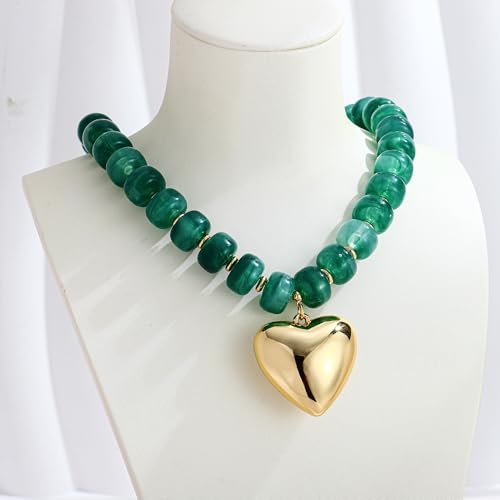 WOWORAMA Chunky Heart Necklaces for Women Colorful Resin Beaded Choker Necklace Gold Puffy Heart Statement Necklace Trendy Acrylic Choker Jewelry - color: Dark-Green