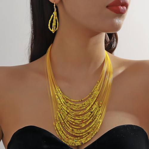 Bohemian Colorful Beaded Earrings Necklace Geometric Teardrop Dangle Earrings Multi-layered Stackable Choker Necklaces Boho Seed Bead Chain Statement Beach Party Accessories - color: Yellow