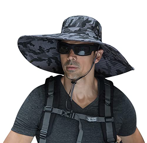 Leotruny Men Wide Brim Sun Hats UPF50+ Waterproof Breathable Bucket Hat for Fishing, Hiking, Camping - color: C08-dark Gray Camo
