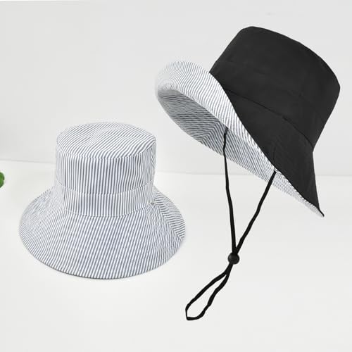 Women's Summer Sun Hat - Reversible Design with Striped Lining Adjustable Brim for Travel and Outings Cap - color: Stripes-black