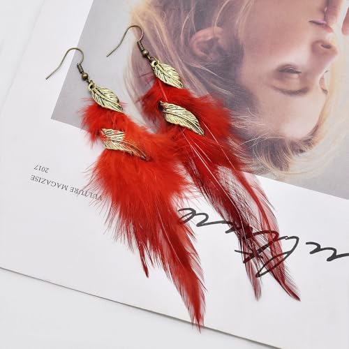 Feather Earrings for Women Bohemian Fringe Tassel Long Drop Dangle Earrings Lightweight Boho Statement earrings - color: red