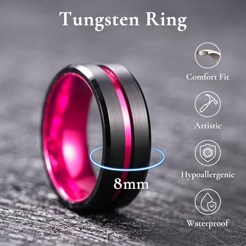King Will Mens Tungsten Rings for Men Two Tone Grooved Mens Wedding Band Cool - color: Pink