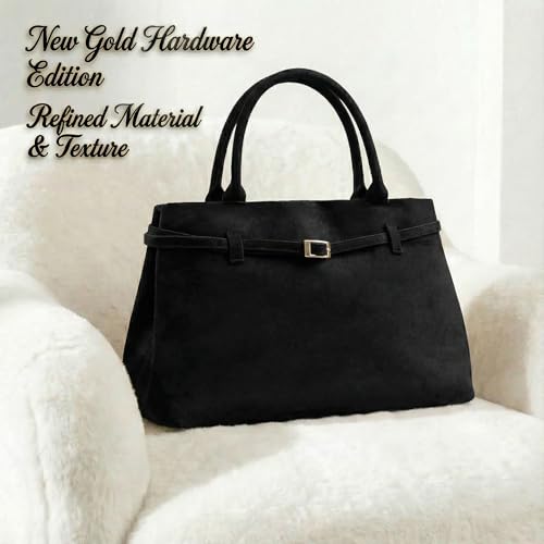Base’ic Women’s Suede Tote Bag with Gold Hardware – Trendy Slouchy Shoulder Hobo Satchel Handbag Work Purse Travel Gift - color: Black (Gold Hardware)