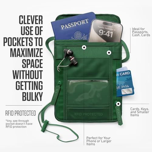 VENTURE 4TH Neck Wallet for Women & Men – RFID Blocking Passport Holder for Travel, Hidden Neck Pouch with 6 Compartments, Slim Lightweight Travel Organizer with Adjustable Strap (Sleek Green) - color: Sleek Army Green