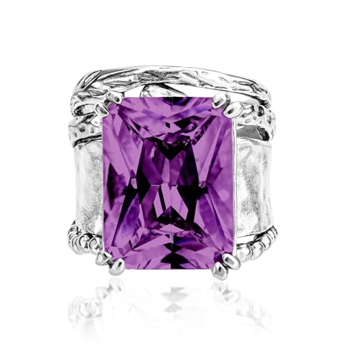 JEAN RACHEL JEWELRY 925 Sterling Silver Ring - Hammered Vintage Design with Octagon Shaped Cubic Zirconia - Hypoallergenic, Lead & Nickel Free - Artisan Handcrafted Statement Rings for Women - color: Amethyst CZ