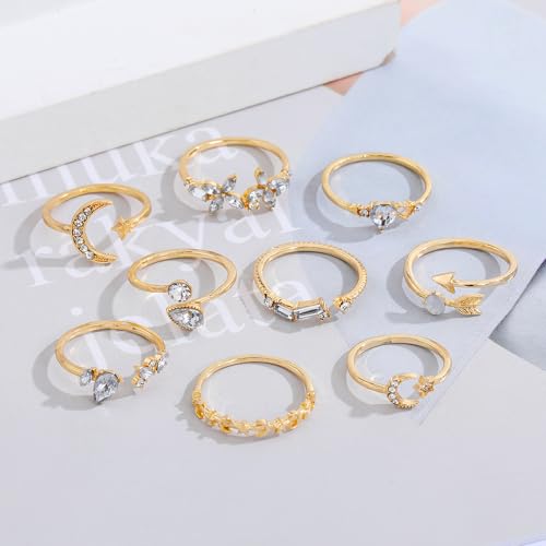 INENIMARTJ Boho Rings for Women Teen Girls,Gold Stacking Rings Set Vintage Knuckle Stackable Moon Star Snake Butterfly Heart Flower Leaf Top Finger Rings - color: H