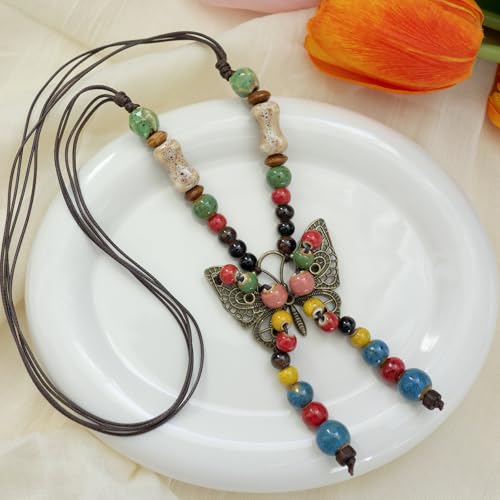 Boho Colorful Ceramic Bead Necklace for Women, Butterfly Pendant Necklace, Handmade Bohemian Statement Jewelry Gifts for Mom - color: Multi