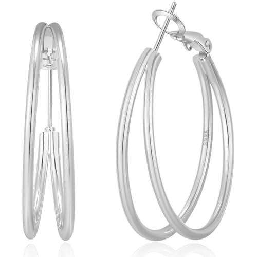 OOOPEL Large Thin Double Hoop Earrings for Women Lightweight Hypoallergenic 925 Sterling Silver Post 14K Gold Hoops Non Tarnish Sturdy Big Thin Double Layered Hoop Earrings 30/40/50/60mm - color: Silver, size: 20mm