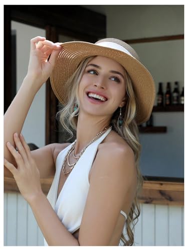 GORGLITTER Women's Rhinestone Bow Tie Straw Beach Hat UPF 50+ UV Protection Boho Vacation Wide Brim Western Elegant Sun Hats
