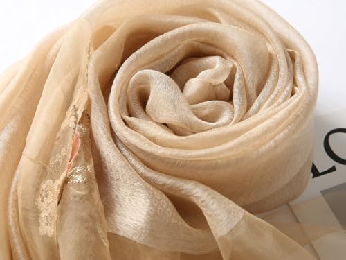 Jeelow Silk Blend Floral Fashion Scarf Shawl Wrap Lightweight Sheer For Women Floral Embroidery Wedding Party Prom - color: Petal Light Khaki