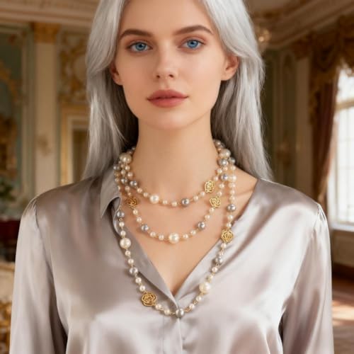 Layered Pearl Necklaces for Women Big Pearl Long Chain Necklace Dainty Faux Pearl Necklaces Statement Sweater Strand Chain Jewelry - style: SetF