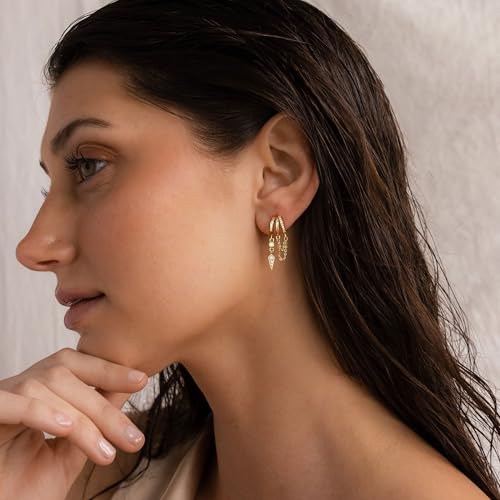 Dangle Earrings For Women, Dainty Gold Drop Statement Earrings 14K Gold Plated Long Huggie Earrings for Women Trendy Hypoallergenic Dangly Earrings Small Triple Hoops Earrings Fashion Jewelry - color: gold-chain