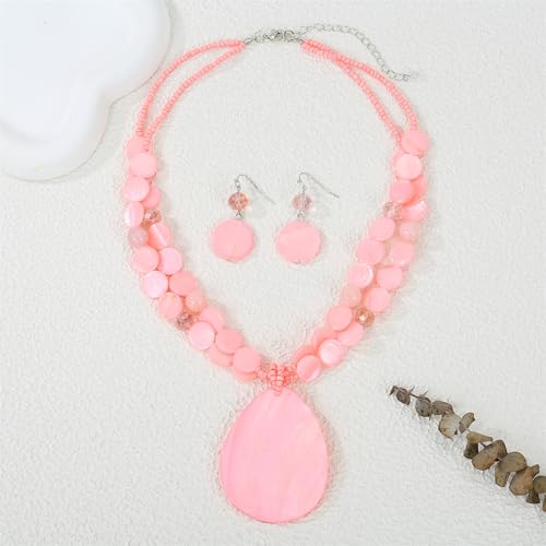 Big Teardrop Pendant Necklaces for Women Colorful Beaded Necklaces Statement Set for Holiday. - color: Pink