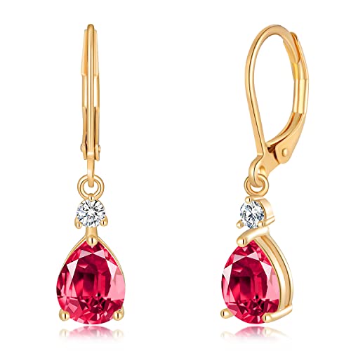 CiNily Teardrop Leverback Dangle Earrings for Women Hypoallergenic 14K Gold Plated Cubic Zircon Drop Earrings Fashion Crystal Earrings for Girls Jewelry Christmas Gifts - color: Red CZ-Gold