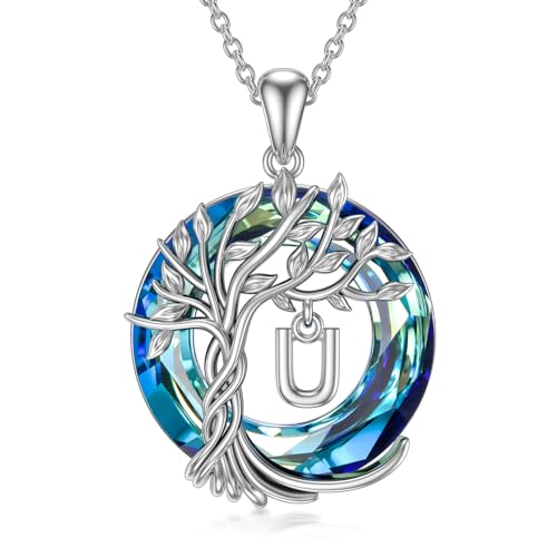 TOUPOP Gifts for Women Tree of Life Initial Necklace 925 Sterling Silver Letter Pendant with Blue Crystal Birthday Jewelry Gifts for Women Her Mom Wife Daughter - color: Tree of Life U Initial