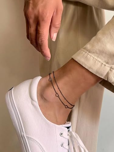 FindChic Black/Silver/Gold Plated Anklets Set of 2PCS/3PCS Herringbone Chain Cuban Link Heart Charm Sparkling Tennis Ankle Bracelets, Waterproof Summer Foot Jewelry for Beach - color: 07. Black-Layered Heart Charm