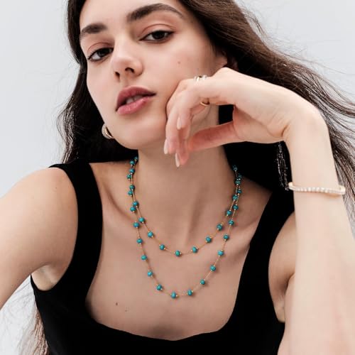 KissYan Long Necklaces for Women, 14K Gold Plated Beaded Gemstone Turquoise Boho Layered Choker, Natural Stone Handmade Sweater Fashion Jewelry Gifts - style: Turquoise