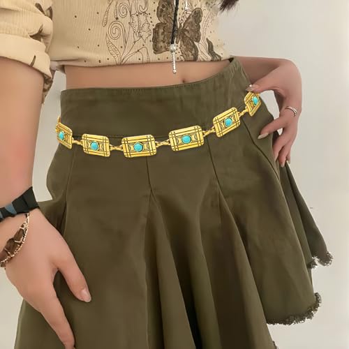 Women Western Chain Belt Adjustable Turquoise Metal Waist Chain Boho Chain Link Belt for Jeans or Dresses - color: Turquoise Square Gold, size: L: 53.1 in/135 cm