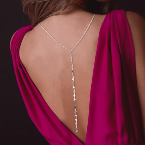 Star Sequin Backdrop Necklace for Women Backless Dress Back Necklace Stars Drop Back Chain Body Jewelry - color: Silver