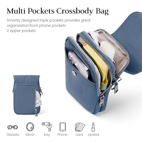 befen Genuine Leather Small Crossbody Bags for Women, Multi Pocket Cell Phone Crossbody Purse with RFID Blocking Card Slots - color: Light Blue