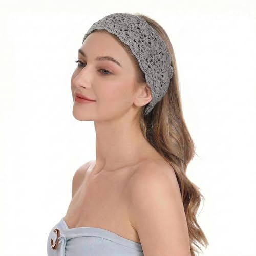 ZLYC Women Floral Headband Handmade Crochet Knit Vintage Hair Bands (Plain Gray) - color: Plain Gray