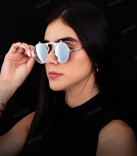 AIEYEZO Round Flip Up Sunglasses for Men and Women Rave Flip Glasses 90's Retro Steampunk Style - color: Silver/Siver Mirror