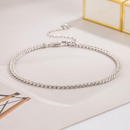 Dankadi 925 Sterling Silver Anklets Bracelet Women/Men Waterproof Simple Durable Chopin Chain/Cuban Link/Figaro/Box/Twist Rope Chain For Beach Foot Jewelry Gift - color: 3MM Cuban Chain, size: 30cm