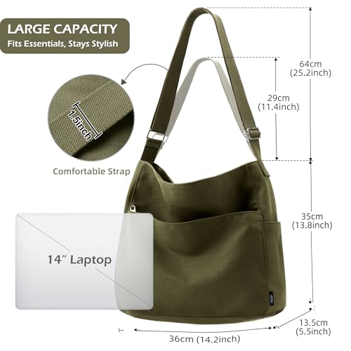 KALIDI Canvas Tote Bag Large Hobo Crossbody Shoulder Handbag Zipper Messenger Bag for Women or Men Casual College Work - color: Army Green