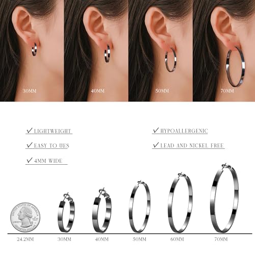 EXGOX Silver Hoop Earrings for Women - Sterling Silver & 14K Gold Plated - Hypoallergenic 925 Silver - Big Hoop Earrings (30/40/50/60/70mm) - color: 4MM Wide-Black 70mm
