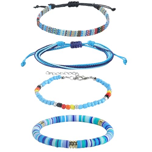 Beach Bracelet Set for Men and Women, Surfer Men Bracelet, Braided Boho Summer Bracelets Adjustable Men's Bracelet Handmade Women Bracelet String Rope Ankle Bracelets Birthday Gift - style: 4pcs Boho Bracelets Ankles Blue