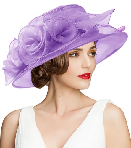 Women's Kentucky Derby Church Dress Hat Wide Brim Leaf Flower Bridal Shower Hat - color: A6 Purple