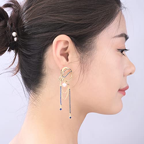 Unique Abstract Face Art | Dangle Statement Long Earrings for Women | Rhinestone Tassel Handmade Chandelier Earrings - color: Golden Blue Diamond