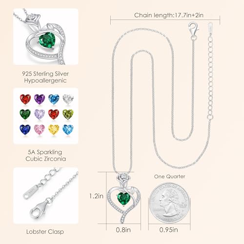 LOUISA SECRET Rose Flower Heart Birthstone Necklaces for Women, 925 Sterling Silver Jewelry, Pendant Heart Necklaces Birthday Anniversary Christmas Gift for Women Wife Mom Girlfriend Lady - color: White Gold-05-May