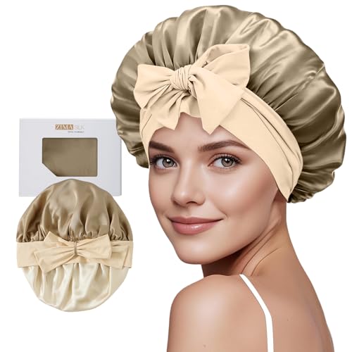 ZIMASILK 100% Mulberry Silk Bonnet for Sleeping Women Long Hair Double Layer Silk Hair Wrap with Tie Band Stay On Head (1Pc, Light Coffee) - color: Light Coffee