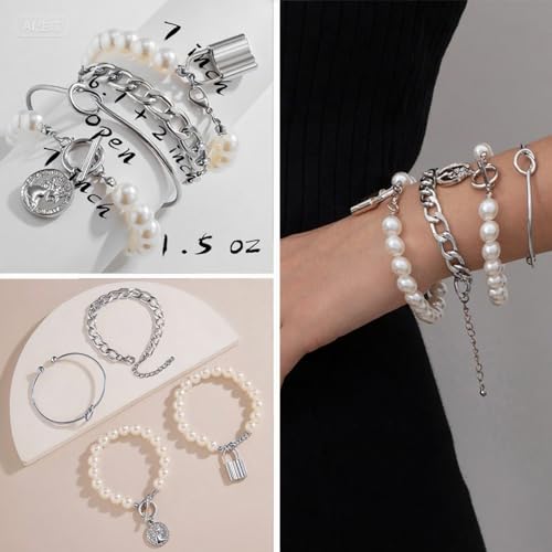 IFKM Gold Chain Bracelets Set for Women, 14K Gold Plated Multiple Layered Stackable Open Cuff Bangle Bracelet Anklet Bracelets Adjustable Link Tennis Beads Italian Cuban Jewelry for Women Gift - style: 24PCS Silver Set
