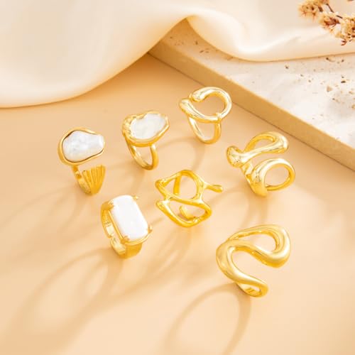 Chunky Gold Pearl Rings for Women Vintage Baroque Pearl Rings Set Open Stacking Pearls Ring Set Irregular Geometric Pearls Ring Boho Prom Costumes Fashion Jewelry Accessories - style: 7PCS