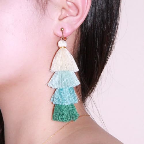 Clip on Earrings, Lightweight Colorful Layered Tassel Bohemian Statement Tiered Big Dangle Drop Earrings for Women, Non Pierced, Boho Jewelry - color: Green