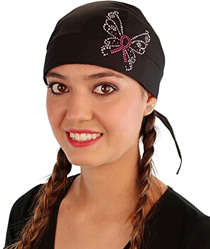 Sparkling EARTH - American Made Skull Caps Doo Rags Do Rag Durag Headwrap Head Wraps Skullies - Made in The USA! - color: Pink Ribbon Butterfly Rhinestud on Black Cap