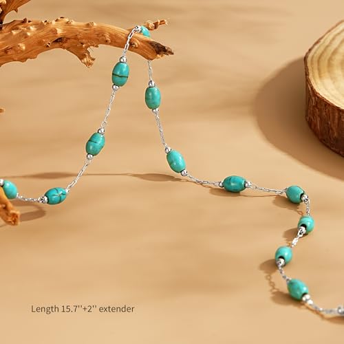 Created Turquoise Necklace for Women 14K Gold Plated Beaded Heart Choker Boho Necklaces Handmade Beach Summer Everyday Western Jewelry Gifts - color: Silver Chain, style: Oval