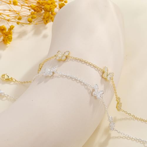 KOHOTA Silver Gold Bracelets for Women Trendy 14K Gold Plated Bracelet for Women Non Tarnish Dainty Stackable Clover Flower Heart Butterfly Diamond CZ Charm Station Bracelets Stack Jewelry Gifts - color: F: Butterfly-Silver