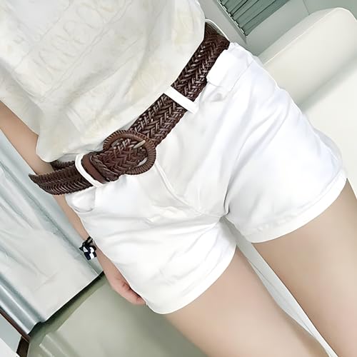 Women Wide Braided Leather Belt 1.6 inch Ladies Soft Woven Waistband with Buckle - color: Brown