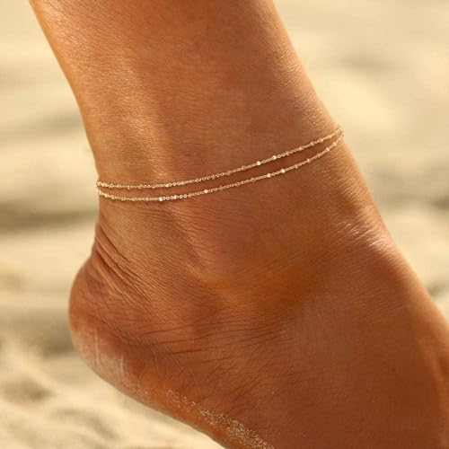 Ritach Ankle Bracelets for Women - Silver/Gold Plated Stainless Steel Anklets for Women Waterproof Layered Cuban Link Figaro Chain Heart Anklets Set Summer Beach Jewelry Gifts - color: Gold-Layered Beaded Chain