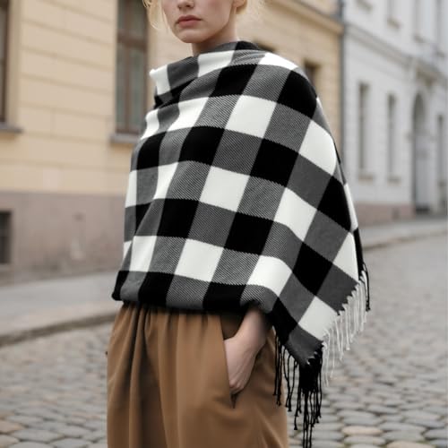 Loritta Womens Scarf Fashion Long Plaid Shawls Wraps Big Grid Winter Warm Lattice Large Scarves Gifts - color: U-black White Gray Lattice