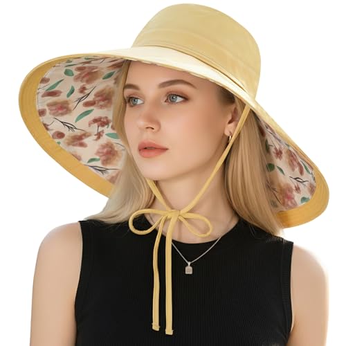 Wide Brim Sun Hat for Women Reversible Beach Hats Metal Wired Edge Gardening Hats, UPF 50+ Bucket Summer Hat - color: Yellow
