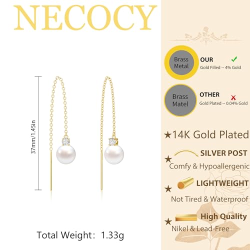 NECOCY Gold Dangle Earrings for Women Non Tarnish 14K Gold Plated Drop Wedding Hypallergenic Earring Dainty Long Hanging Chain CZ Pearl Threader Earrings Trendy Silver Plated Jewelry for Women - style: Gold&Style6
