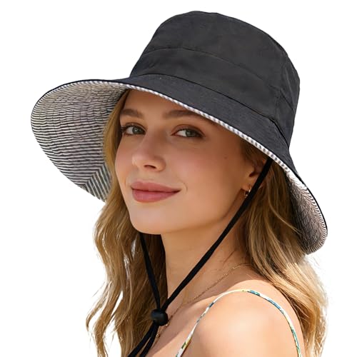 Women's Summer Sun Hat - Reversible Design with Striped Lining Adjustable Brim for Travel and Outings Cap - color: Stripes-black