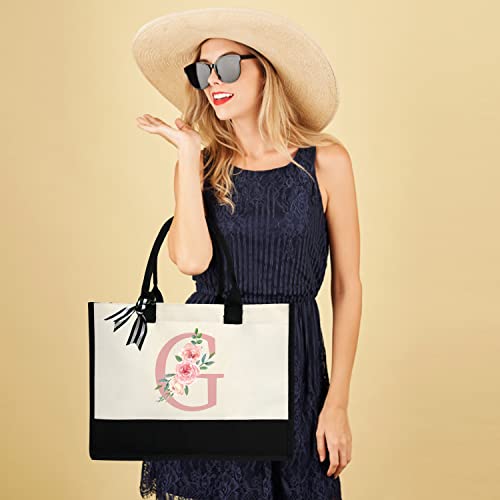 Initial Canvas Tote Bag for Women, Beach Bag with Inner Zipper Pocket Personalized Gifts for Wedding, Birthday | Initial - color: G